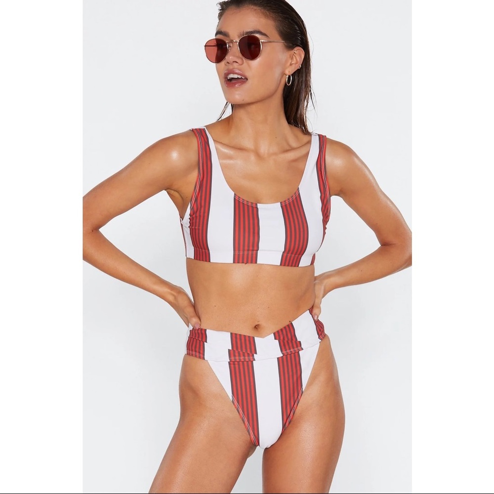 NWT Nasty Gal Striped High Leg Bikini Set Cream 2